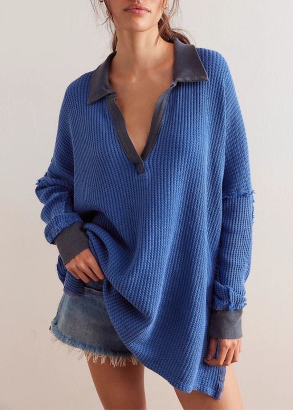 Free People Women's Travis Waffle Knit Polo Sweater Blue Size S NWOT